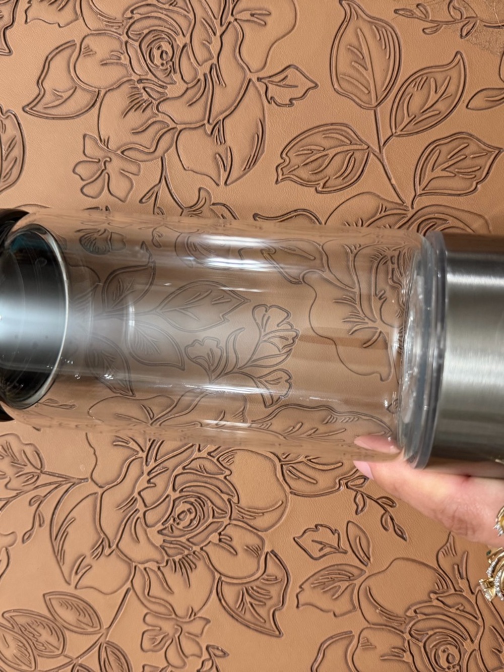 Clear Glass Infuser Water Bottle with Stainless Base - Tan Accents